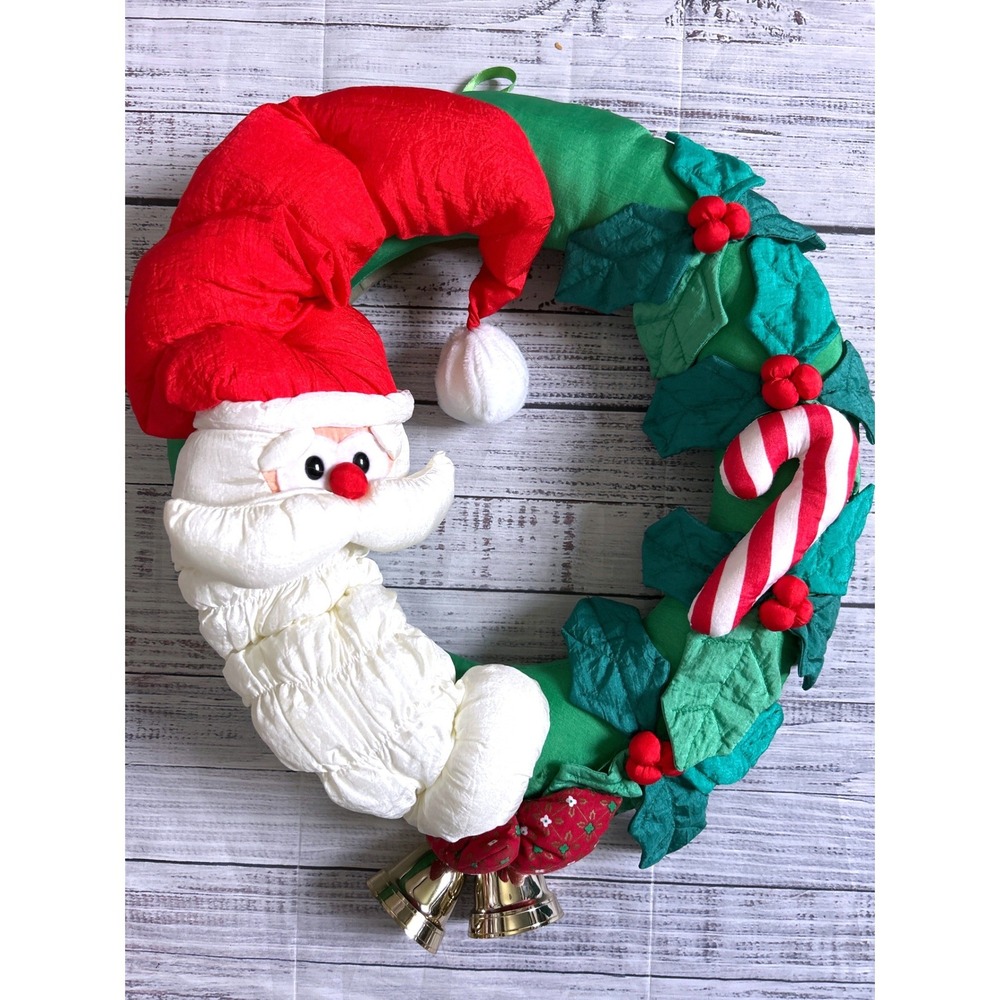 VTG Christmas Santa Claus Plush Wreath with Bells and Candy Cane Decor